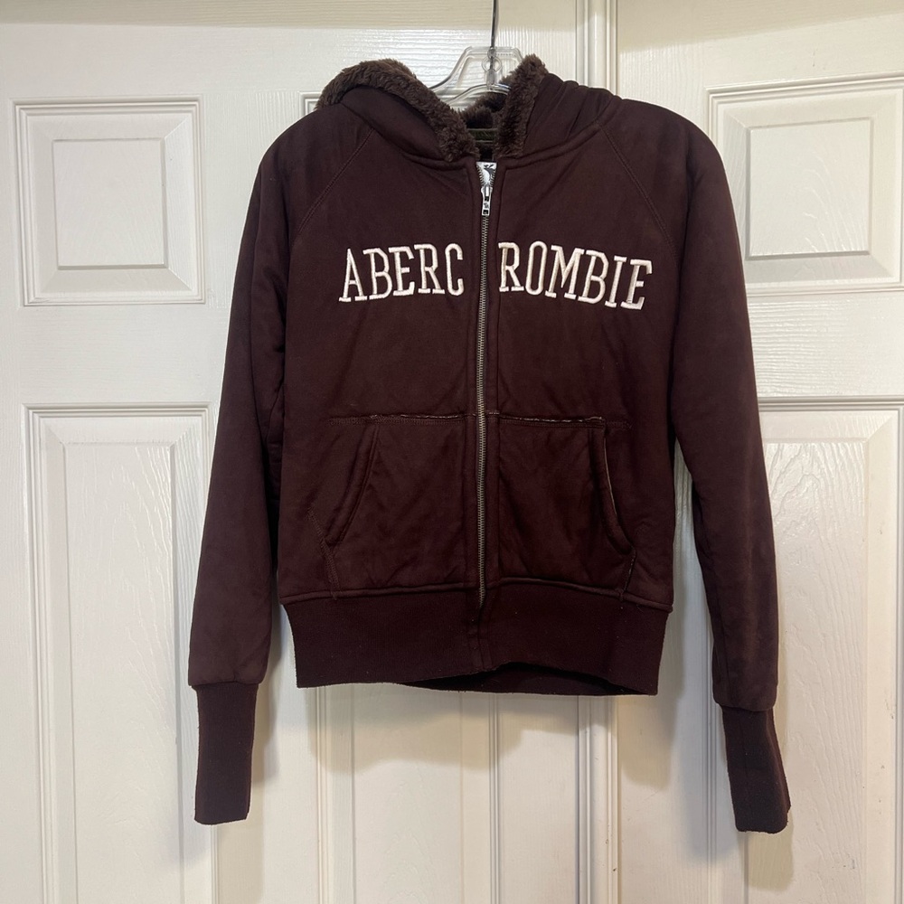 Abercrombie & Fitch VNTG Brown Fur Lined Full Zip‎ Hoodie Jacket Y2K Women Large